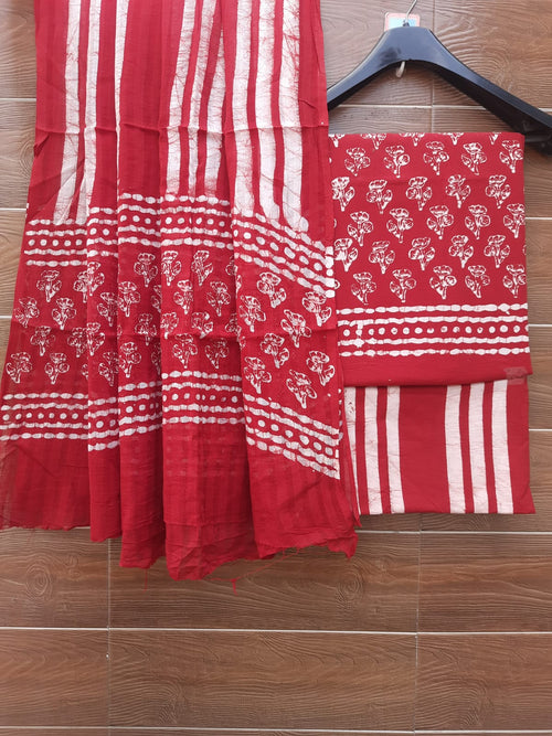 Red color cotton dress material with mulmul dupatta