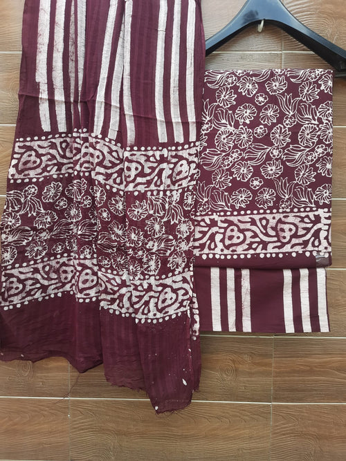 Chocolate brown color cotton dress material with mulmul dupatta