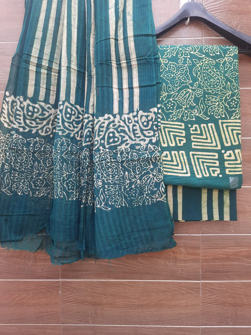 Dark green wax batik print cotton dress material with mulmul cotton dupatta