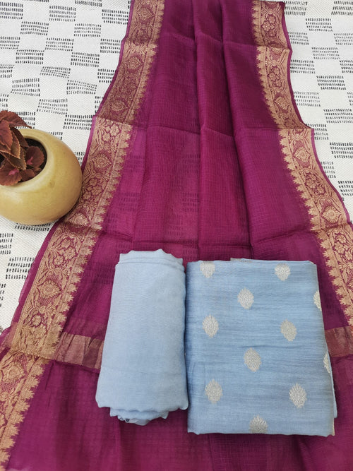Grey color silk dress material with kota silk dupatta