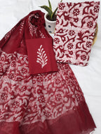 Red color pure cotton batik print suit with chiffon dupatta