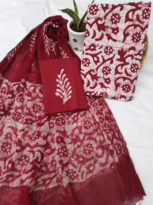 Red color pure cotton batik print suit with chiffon dupatta