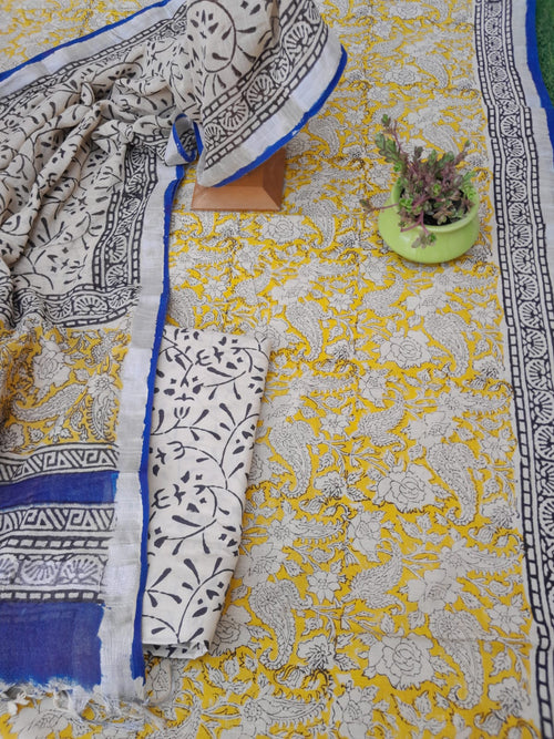 Pure linen hand block print bagru print with linen dupatta