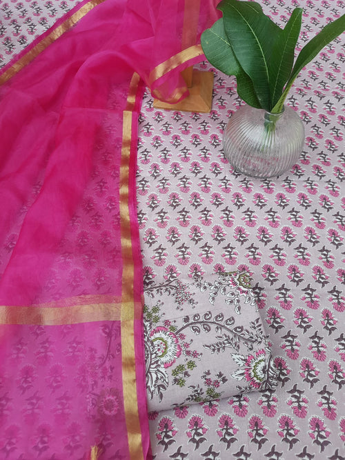 Pastel color cotton dress material with organza dupatta