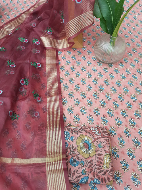 Pastel color cotton dress material with organza embroidery dupatta