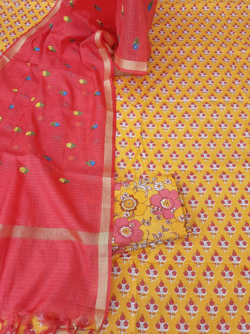 Mustard yellow color cotton dress material with kota doria embroidery dupatta