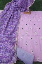 PINK KOTA DORIA EMBROIDERY SUIT WITH LAVENDER CHINON SILK BANDHEJ DUPATTA