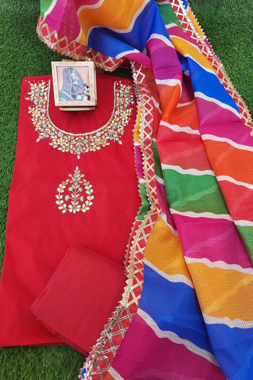 Red Zardosi Work  Dress Material With Kota Dupatta - Aaditri fab