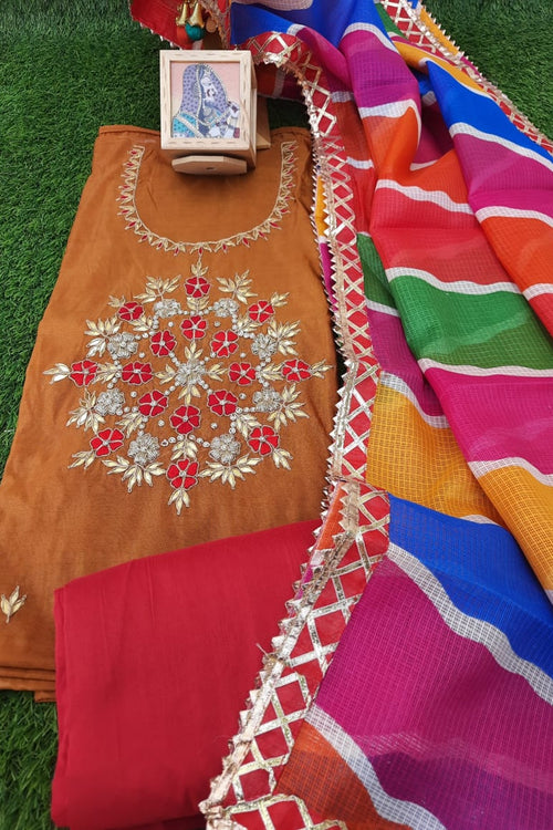 Brown Zardosi Work  Semi Silk Dress Material With Kota Dupatta - Aaditri fab