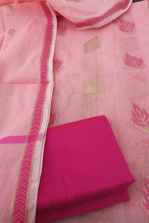Peach Kota Doriya Suits With Kota Doriya Zari Weaving & Resham Border Dupatta