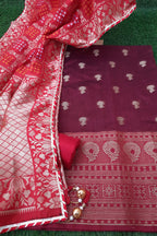 Maroon Beautifu Banarasi Heavy Border Suit With Red Silk Bandhej Dupatta