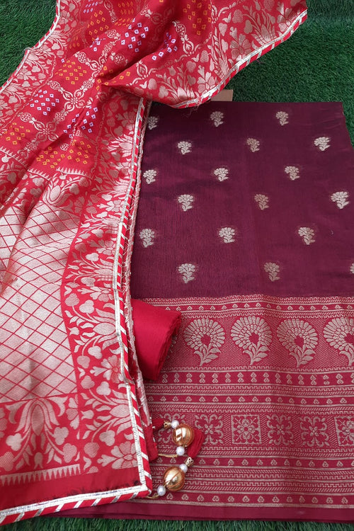 Maroon Beautifu Banarasi Heavy Border Suit With Red Silk Bandhej Dupatta
