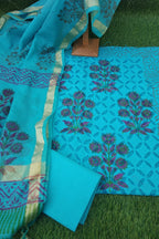 Dark Sky Blue Cotton Applique Cut Work Suit With Kota Zari Dupatta