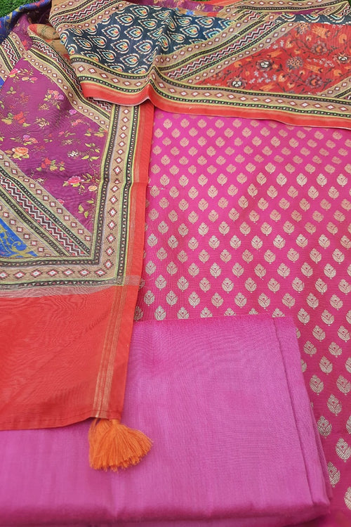 Magenta Banarasi Zari Weaving Suit With Digital Print Chanderi Dupatta
