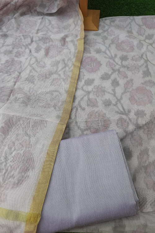 Light Lavender Chanderi Suit With Chanderi Hand Block Print Dupatta