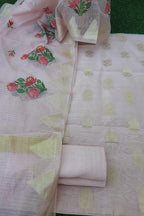Light Peach Chanderi Silk Dress Material With Kota Embroidery Dupatta