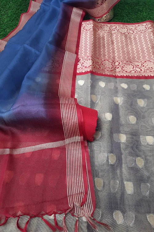 Grey Beautiful Soft Tissue Organza Banarasi Suit With Soft Organza Dupatta