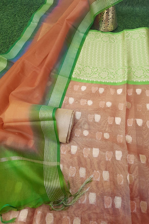 Light Orange Beautiful Soft Tissue Organza Banarasi Suit With Soft Organza Dupatta