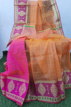 Organza Heavy Border Orange Saree With Blouse