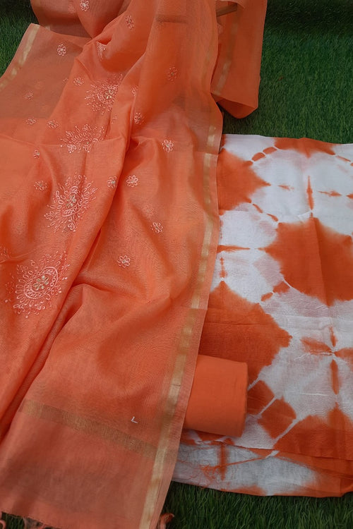 Orange Beautiful Chanderi Shibori Print Suit With Chanderi Resham Chicken Work Dupatta