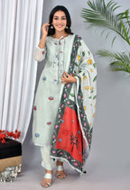 Beautiful Light Grey Soft Silk Digital Print Suit