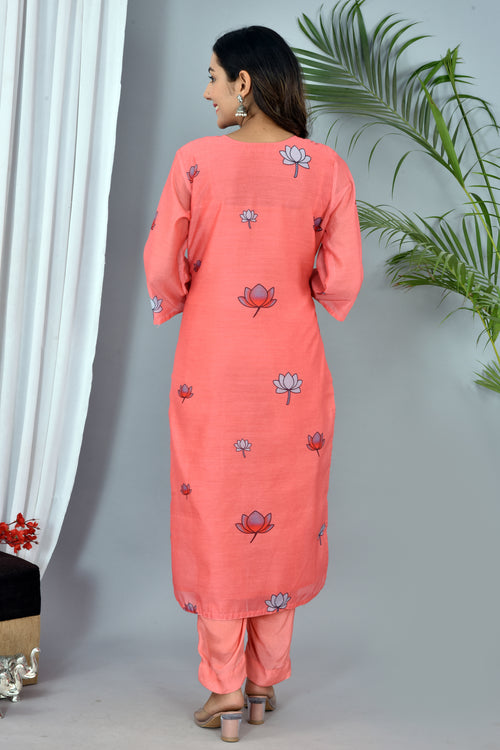 Peach Chanderi Digital Print Suit With Digital Print Chanderi Dupatta