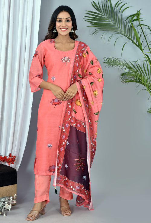 Peach Chanderi Digital Print Suit With Digital Print Chanderi Dupatta