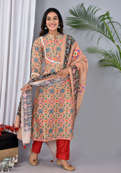 Beige color soft silk Patola Print Suit