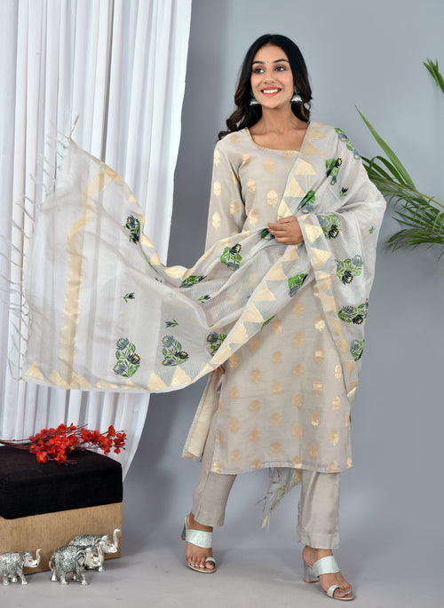 Grey Chanderi Silk Suit With Kota Silk Embroidery Work Dupatta
