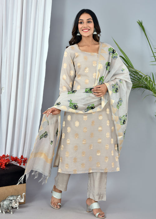 Grey Chanderi Silk Suit With Kota Silk Embroidery Work Dupatta