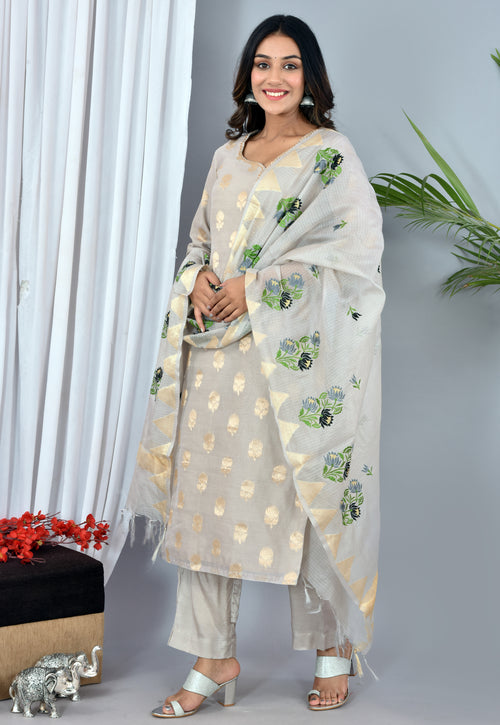 Grey Chanderi Silk Suit With Kota Silk Embroidery Work Dupatta