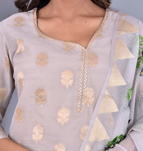 Grey Chanderi Silk Suit With Kota Silk Embroidery Work Dupatta