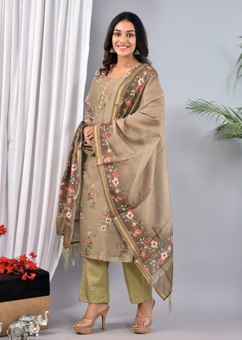 OLIVE STITCHED DIGITAL PRINT CHANDERI SILK SUIT WITH CHANDERI SILK DUPATTA