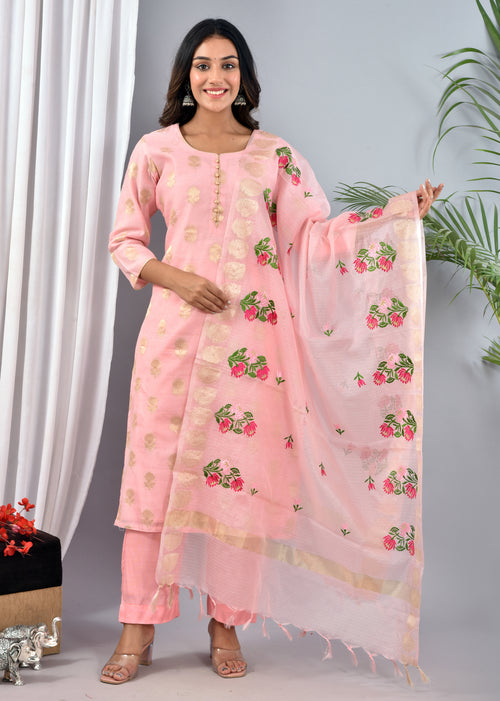 Light Pink Chanderi Silk Suit With Kota Silk Embroidery Work Dupatta