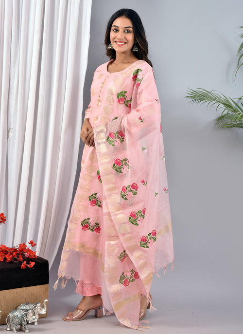 Light Pink Chanderi Silk Suit With Kota Silk Embroidery Work Dupatta
