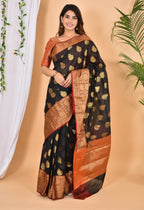 Black with marron color banarasi Zari Woven Saree