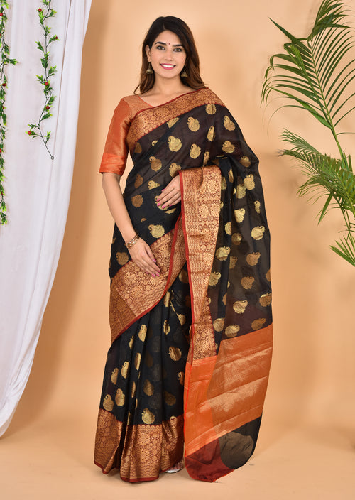 Black with marron color banarasi Zari Woven Saree