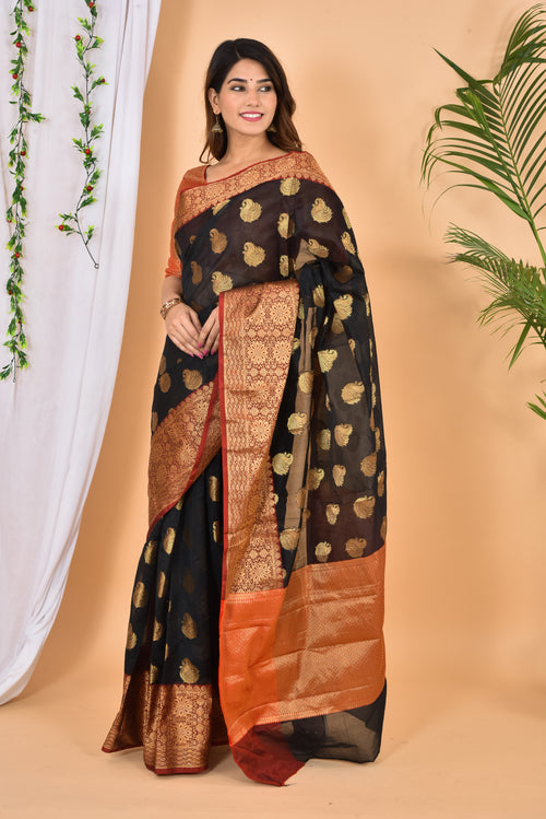 Black with marron color banarasi Zari Woven Saree