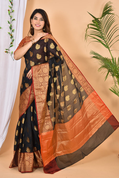 Black with marron color banarasi Zari Woven Saree