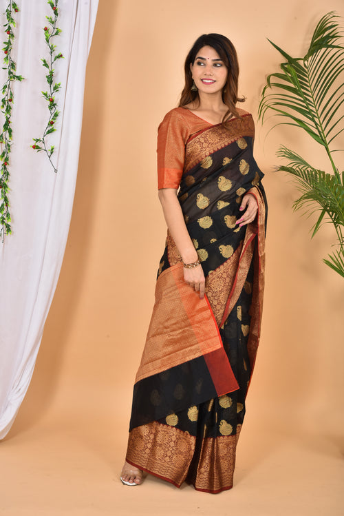 Black with marron color banarasi Zari Woven Saree