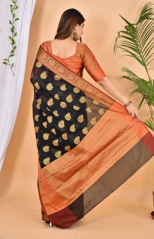 Black with marron color banarasi Zari Woven Saree