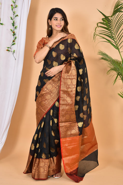 Black with marron color banarasi Zari Woven Saree