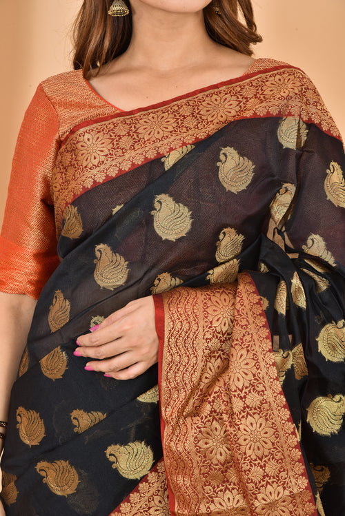 Black with marron color banarasi Zari Woven Saree