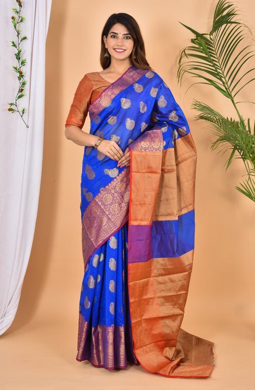 Blue Banarasi Zari Weaving Saree With Blouse