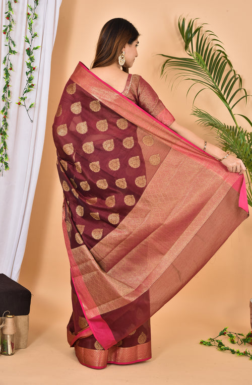 Beautiful Rosewood Banarasi Zari Weaving Saree With Blouse