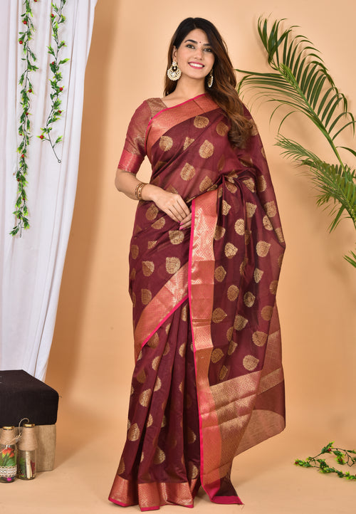 Beautiful Rosewood Banarasi Zari Weaving Saree With Blouse