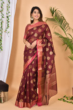 Beautiful Rosewood Banarasi Zari Weaving Saree With Blouse