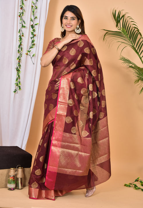 Beautiful Rosewood Banarasi Zari Weaving Saree With Blouse