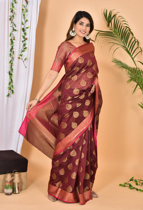 Beautiful Rosewood Banarasi Zari Weaving Saree With Blouse