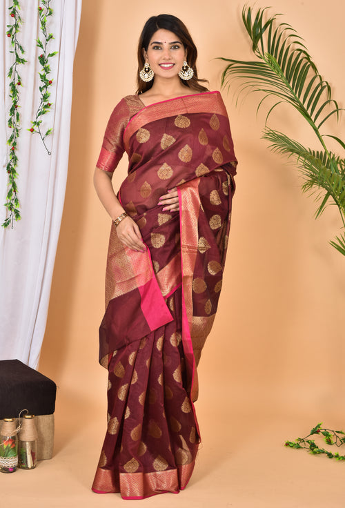 Beautiful Rosewood Banarasi Zari Weaving Saree With Blouse